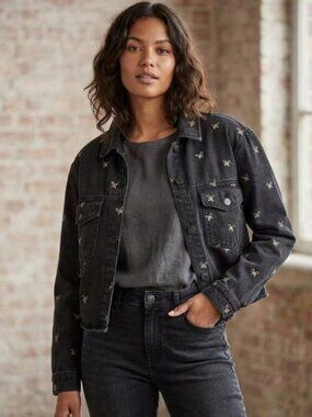 Stoosh Vintage Denim Women's Size L Black/Grey Butterfly Print Cropped Jacket